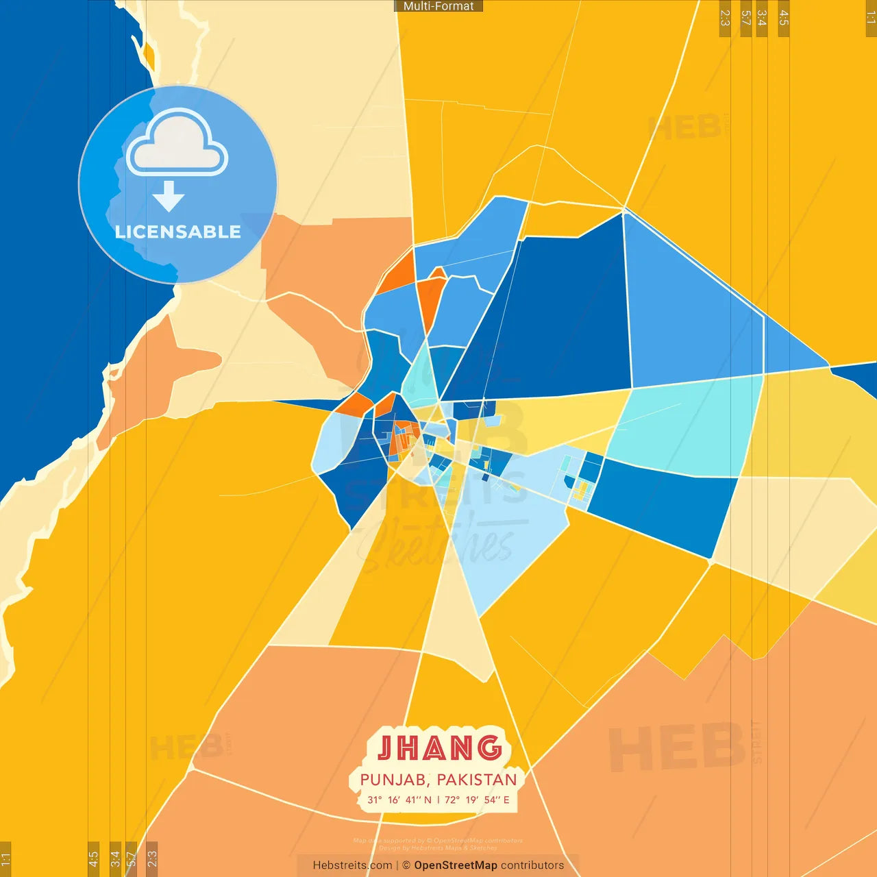 Jhang, Punjab, Pakistan blue and orange vector art map template