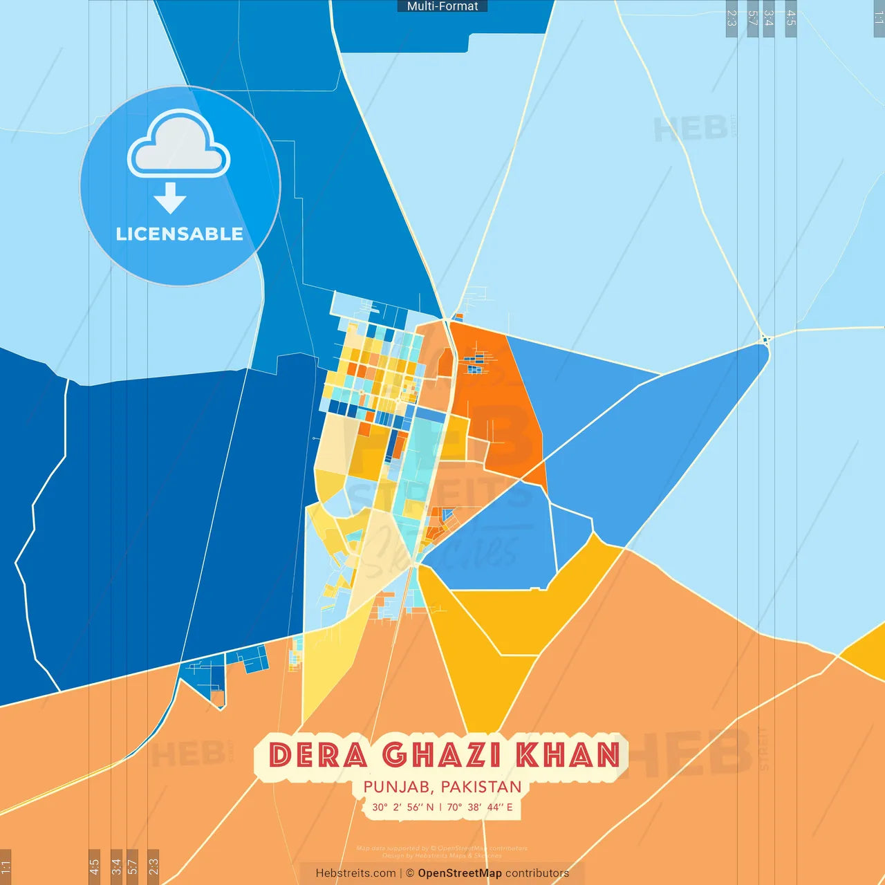 Dera Ghazi Khan, Punjab, Pakistan blue and orange vector art map template