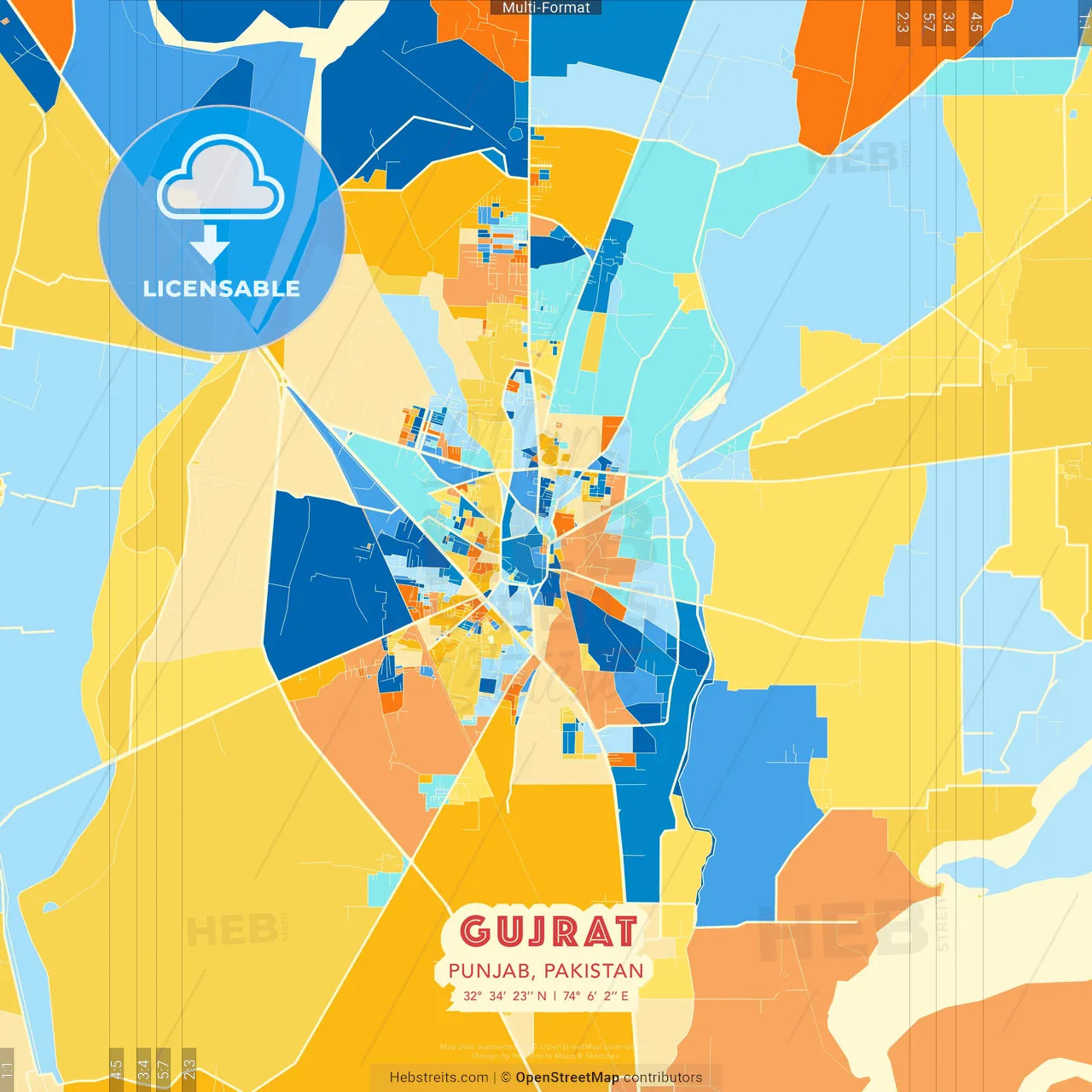 Gujrat, Punjab, Pakistan blue and orange vector art map template