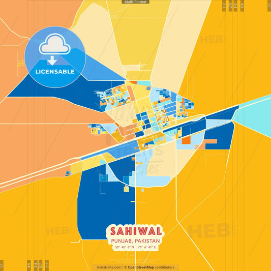 Sahiwal, Punjab, Pakistan blue and orange vector art map template