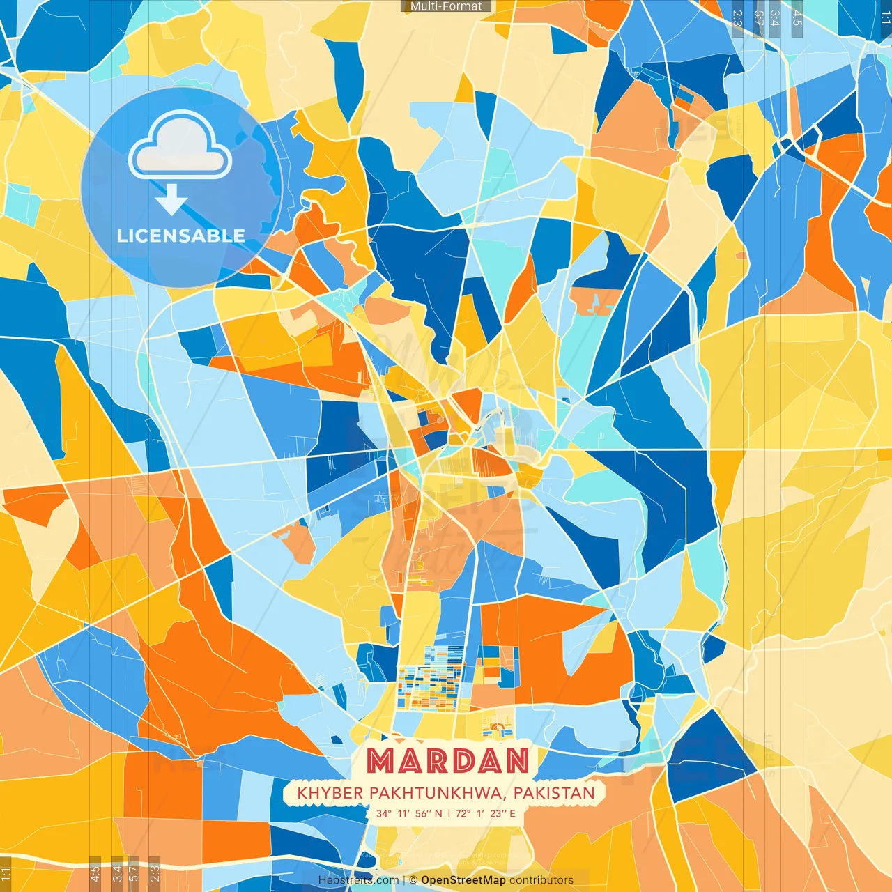 Mardan, Khyber Pakhtunkhwa, Pakistan blue and orange vector art map template