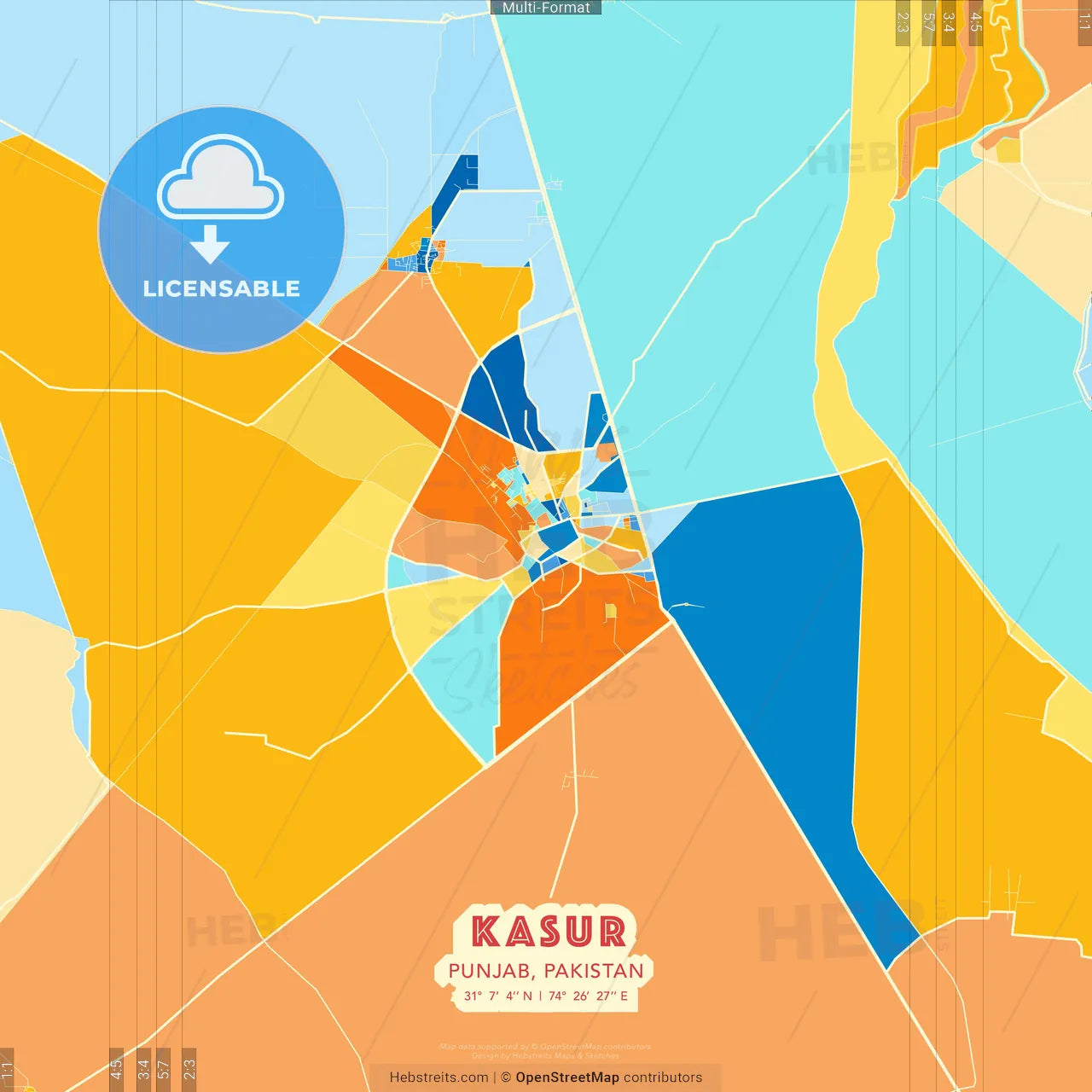 Kasur, Punjab, Pakistan blue and orange vector art map template