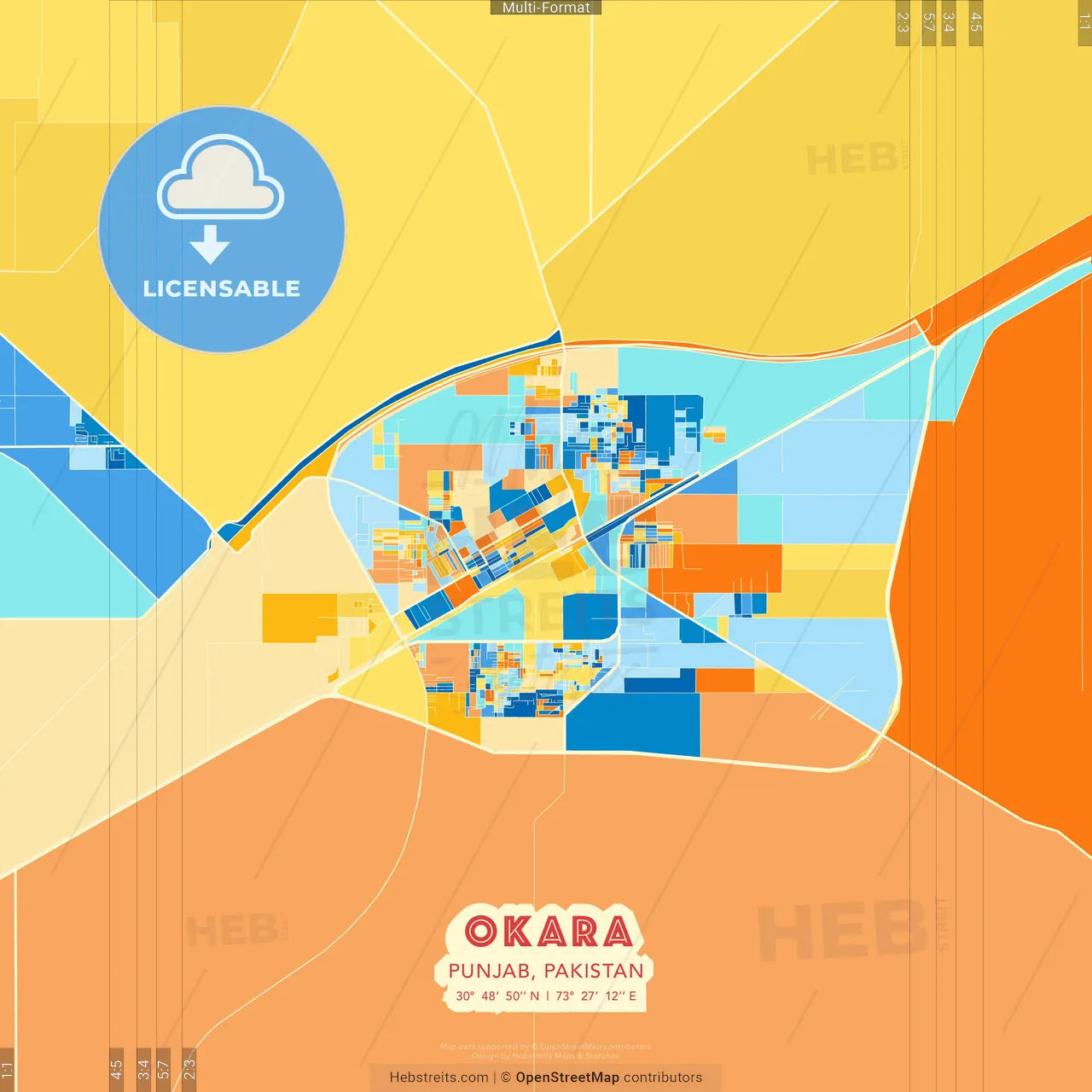Okara, Punjab, Pakistan blue and orange vector art map template