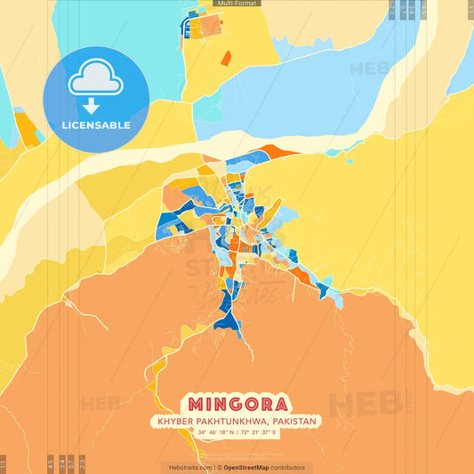 Mingora, Khyber Pakhtunkhwa, Pakistan blue and orange vector art map template