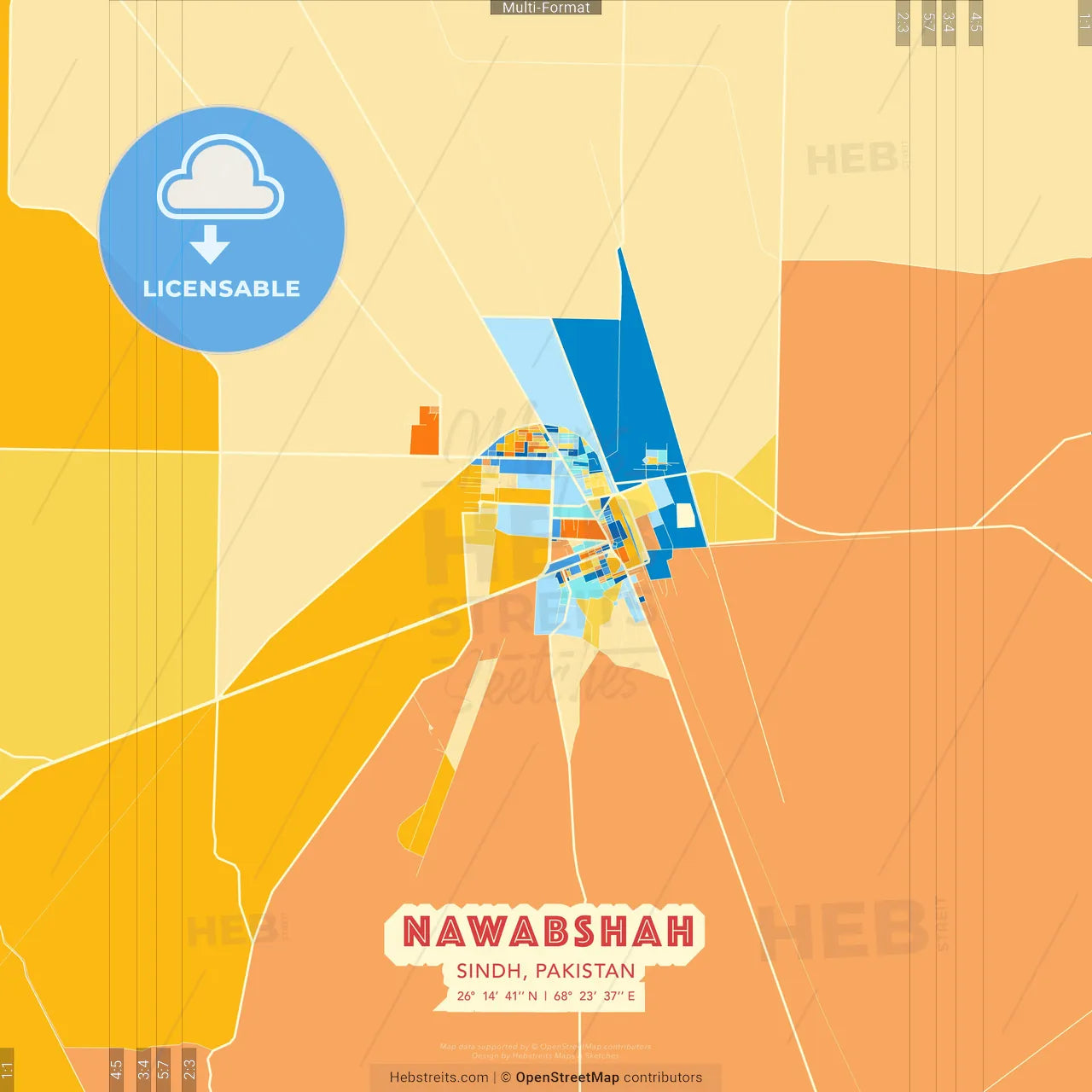 Nawabshah, Sindh, Pakistan blue and orange vector art map template
