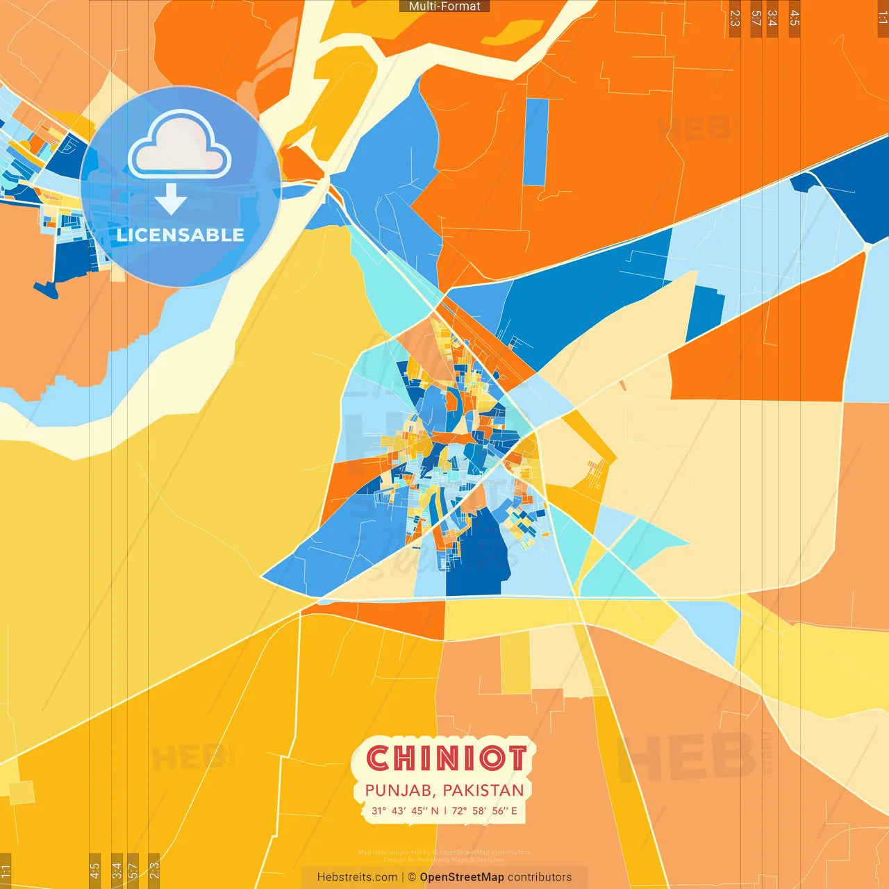 Chiniot, Punjab, Pakistan blue and orange vector art map template