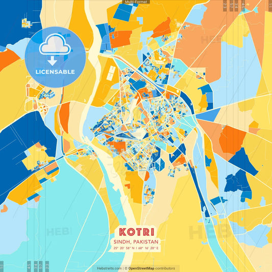 Kotri, Sindh, Pakistan blue and orange vector art map template