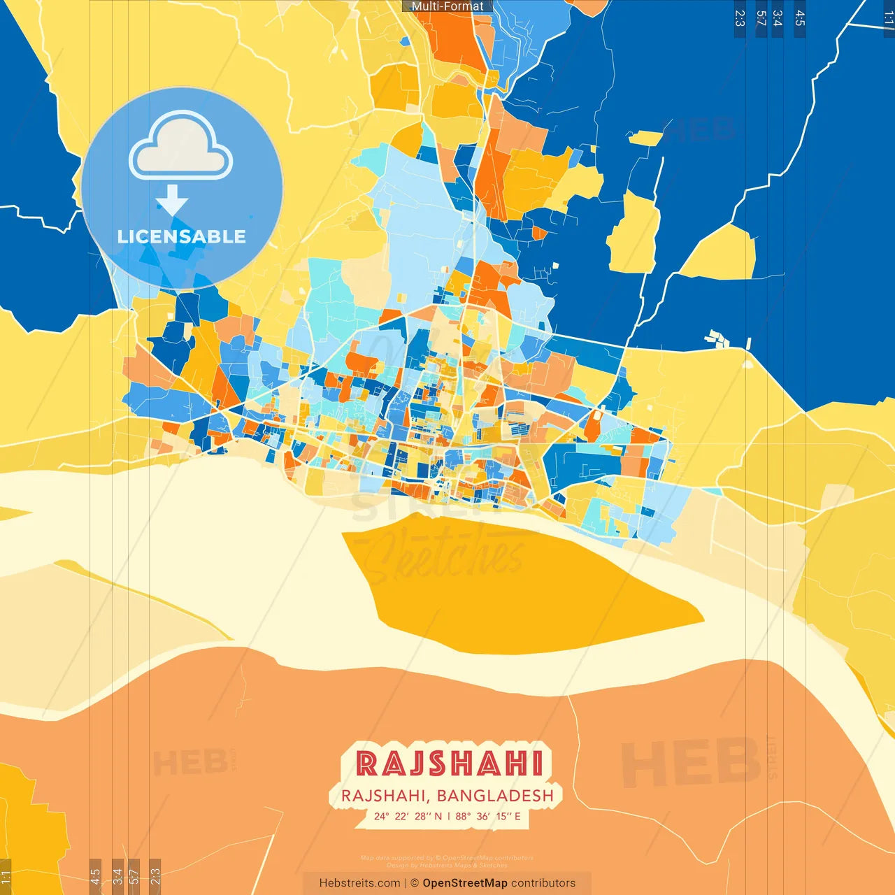 Rajshahi, Rajshahi, Bangladesh blue and orange vector art map template