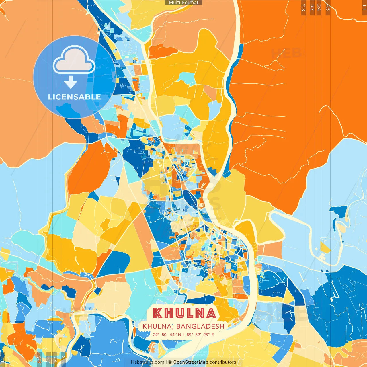 Khulna, Khulna, Bangladesh blue and orange vector art map template
