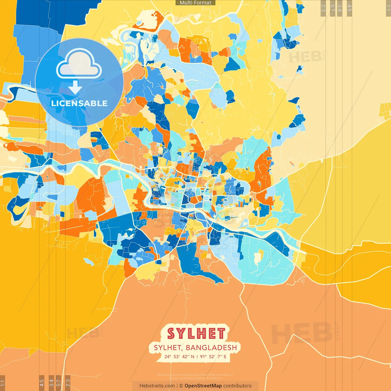 Sylhet, Sylhet, Bangladesh blue and orange vector art map template