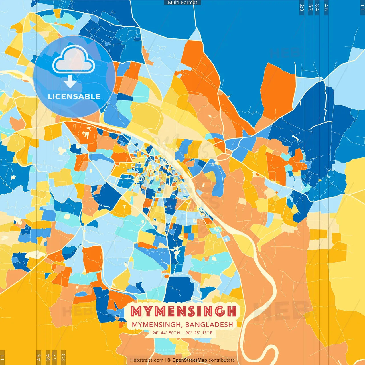 Mymensingh, Mymensingh, Bangladesh blue and orange vector art map template