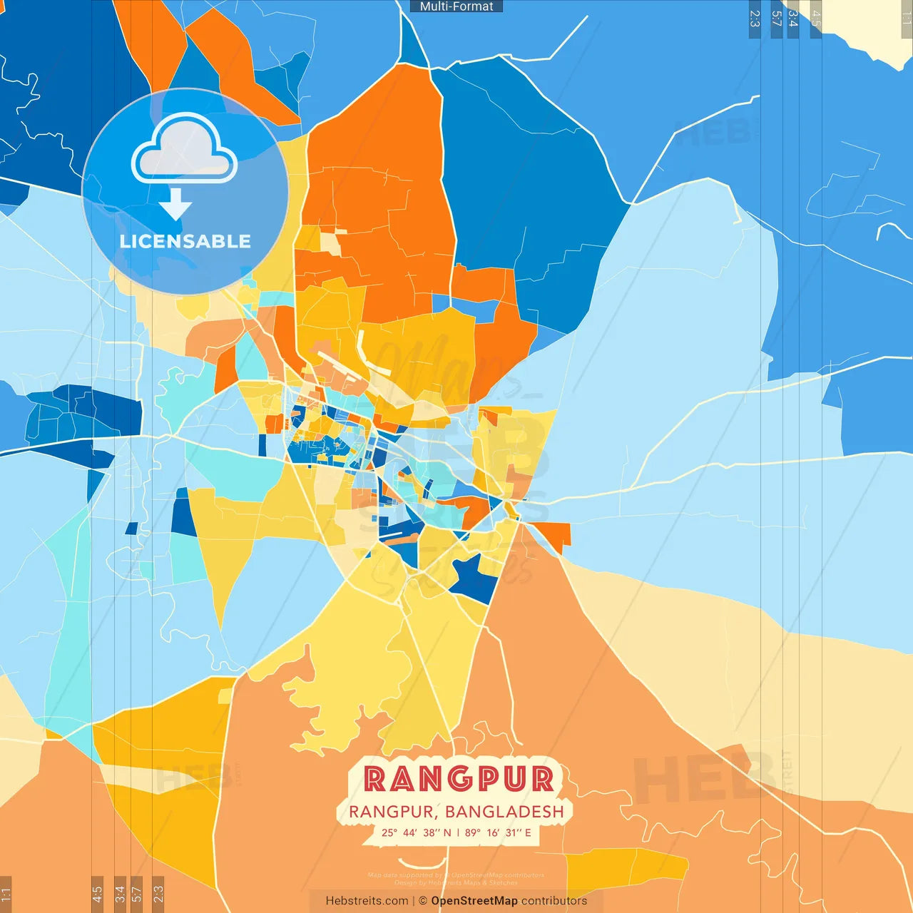 Rangpur, Rangpur, Bangladesh blue and orange vector art map template