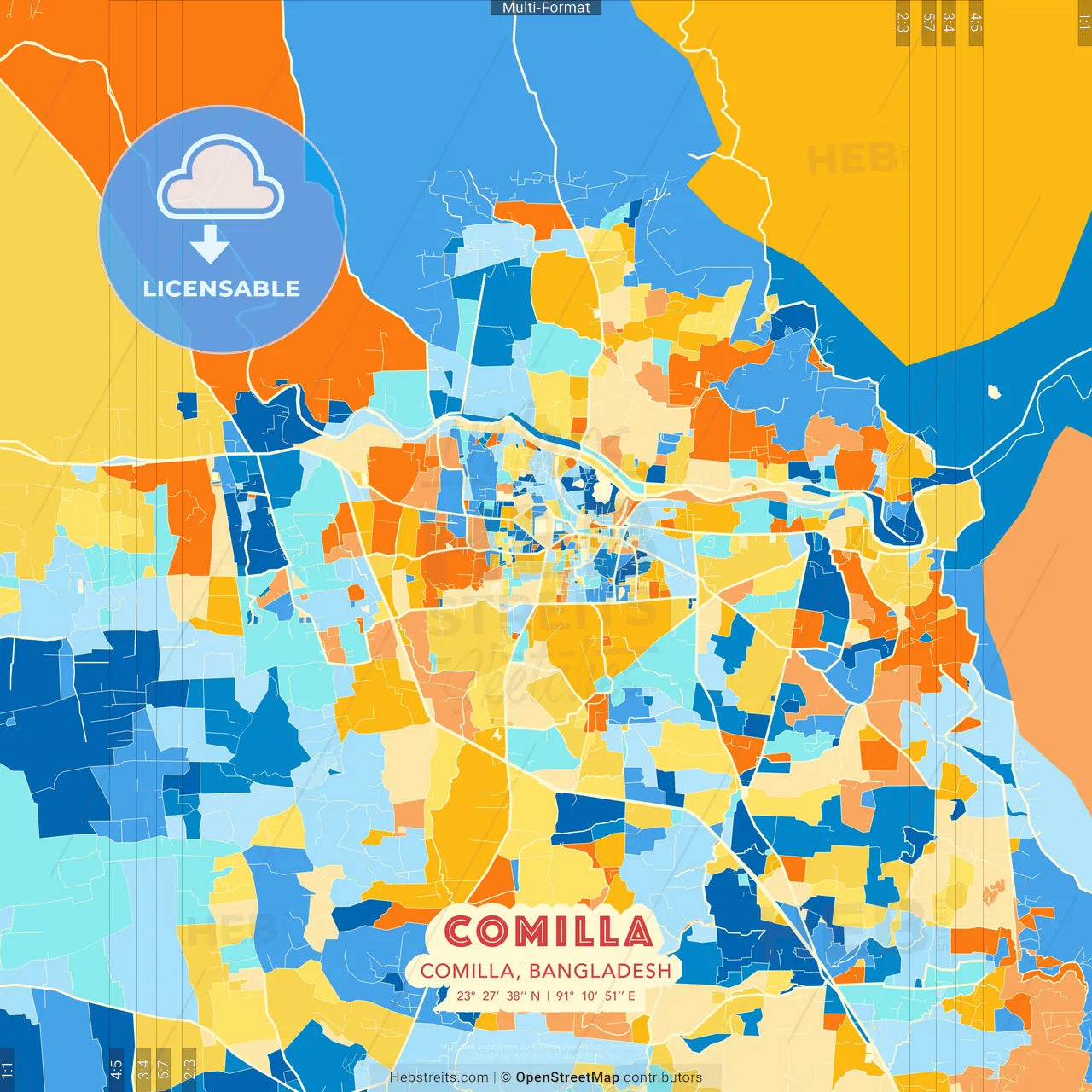 Comilla, Comilla, Bangladesh blue and orange vector art map template
