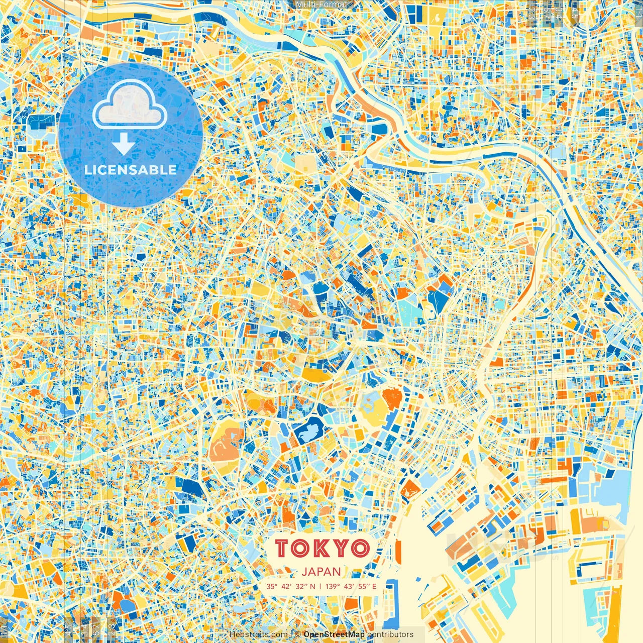 Tokyo, Japan blue and orange vector art map template