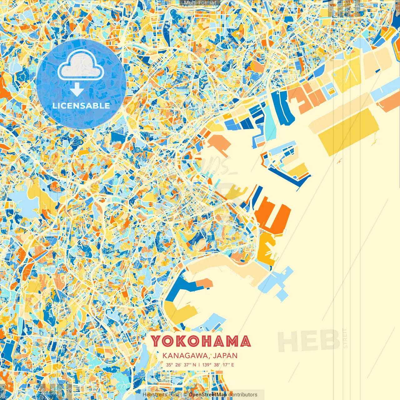 Yokohama, Kanagawa, Japan blue and orange vector art map template