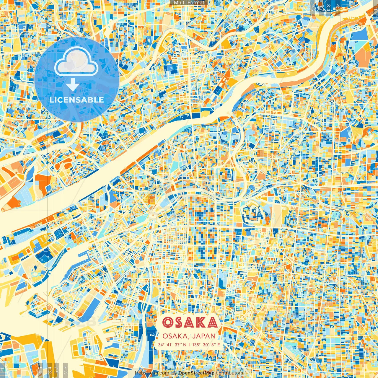 Osaka, Osaka, Japan blue and orange vector art map template