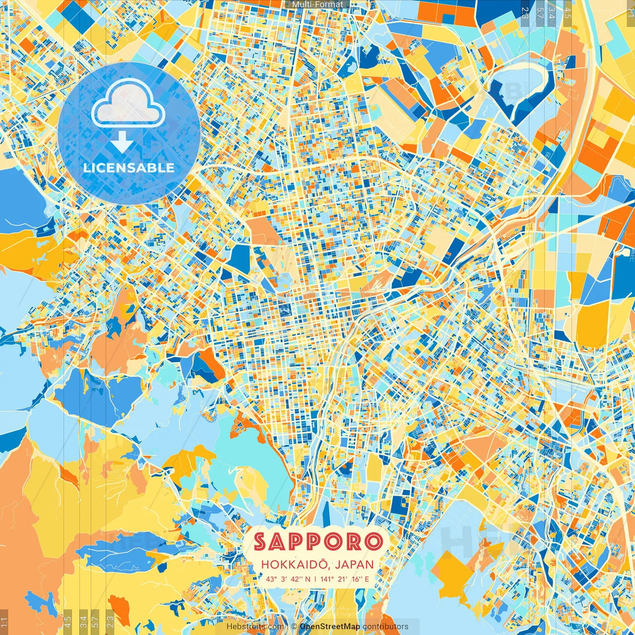 Sapporo, Hokkaidō, Japan blue and orange vector art map template