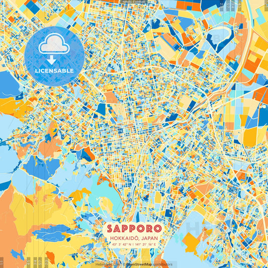 Sapporo, Hokkaidō, Japan blue and orange vector art map template