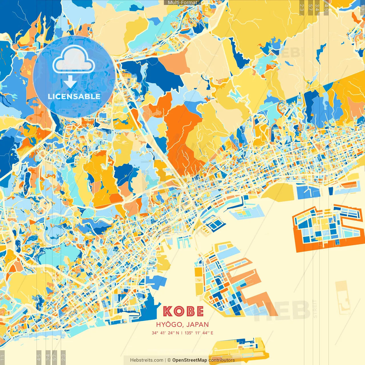 Kobe, Hyōgo, Japan blue and orange vector art map template