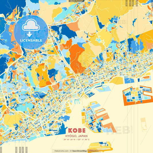 Kobe, Hyōgo, Japan blue and orange vector art map template