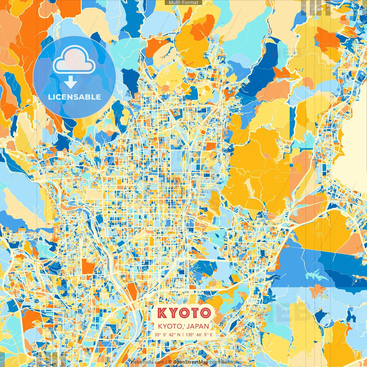 Kyoto, Kyoto, Japan blue and orange vector art map template