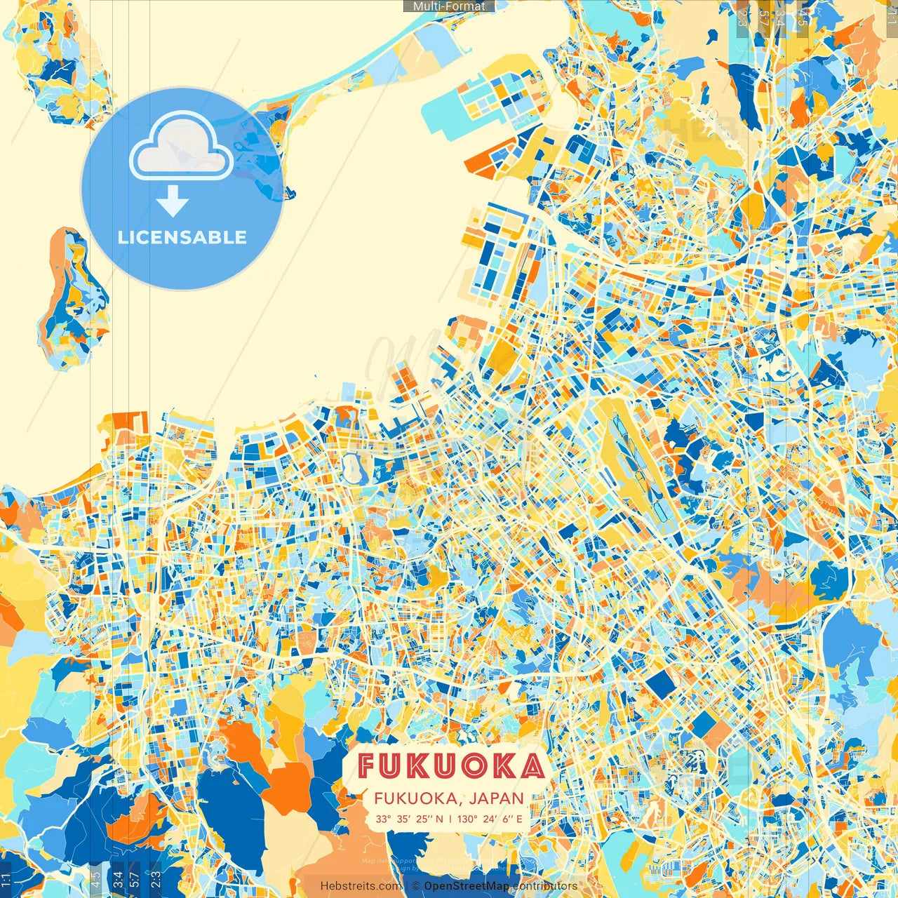 Fukuoka, Fukuoka, Japan blue and orange vector art map template