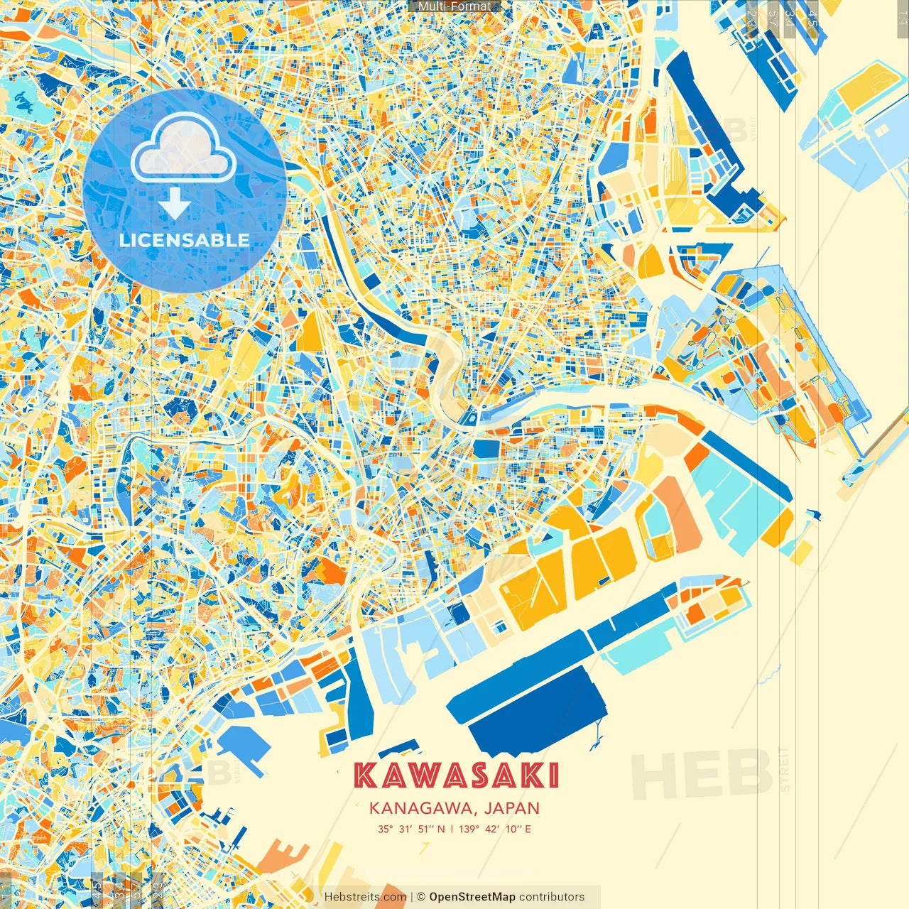 Kawasaki, Kanagawa, Japan blue and orange vector art map template