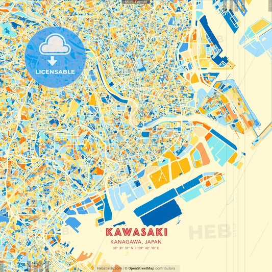 Kawasaki, Kanagawa, Japan blue and orange vector art map template