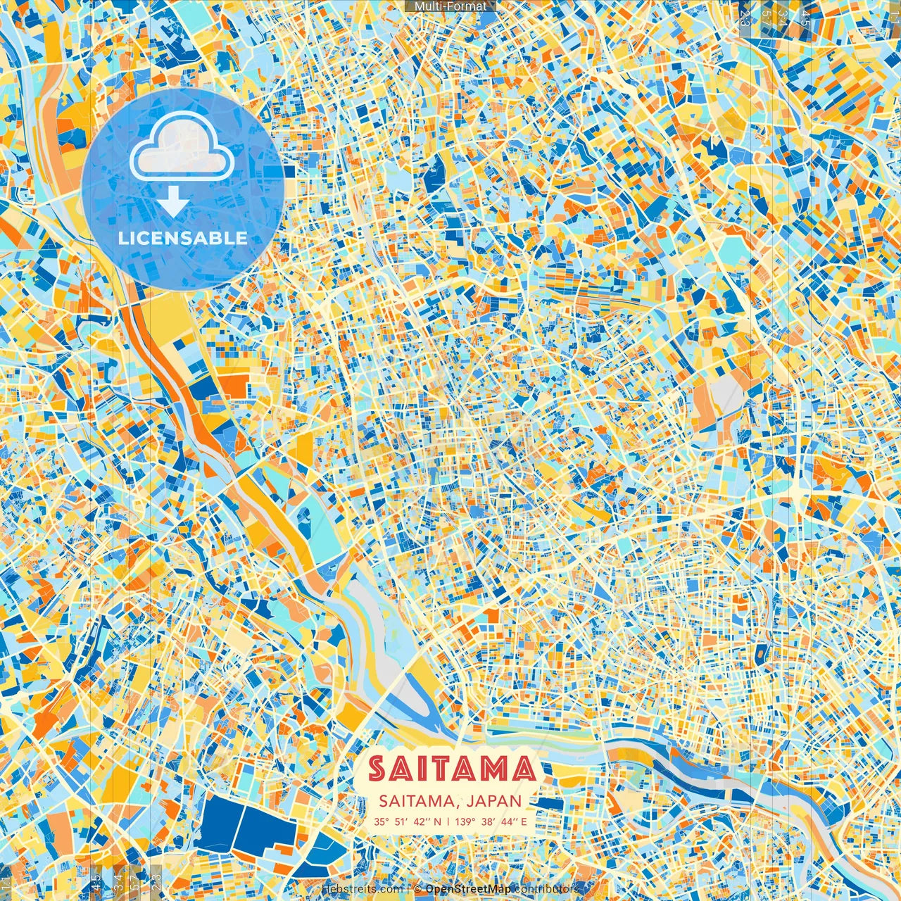 Saitama, Saitama, Japan blue and orange vector art map template