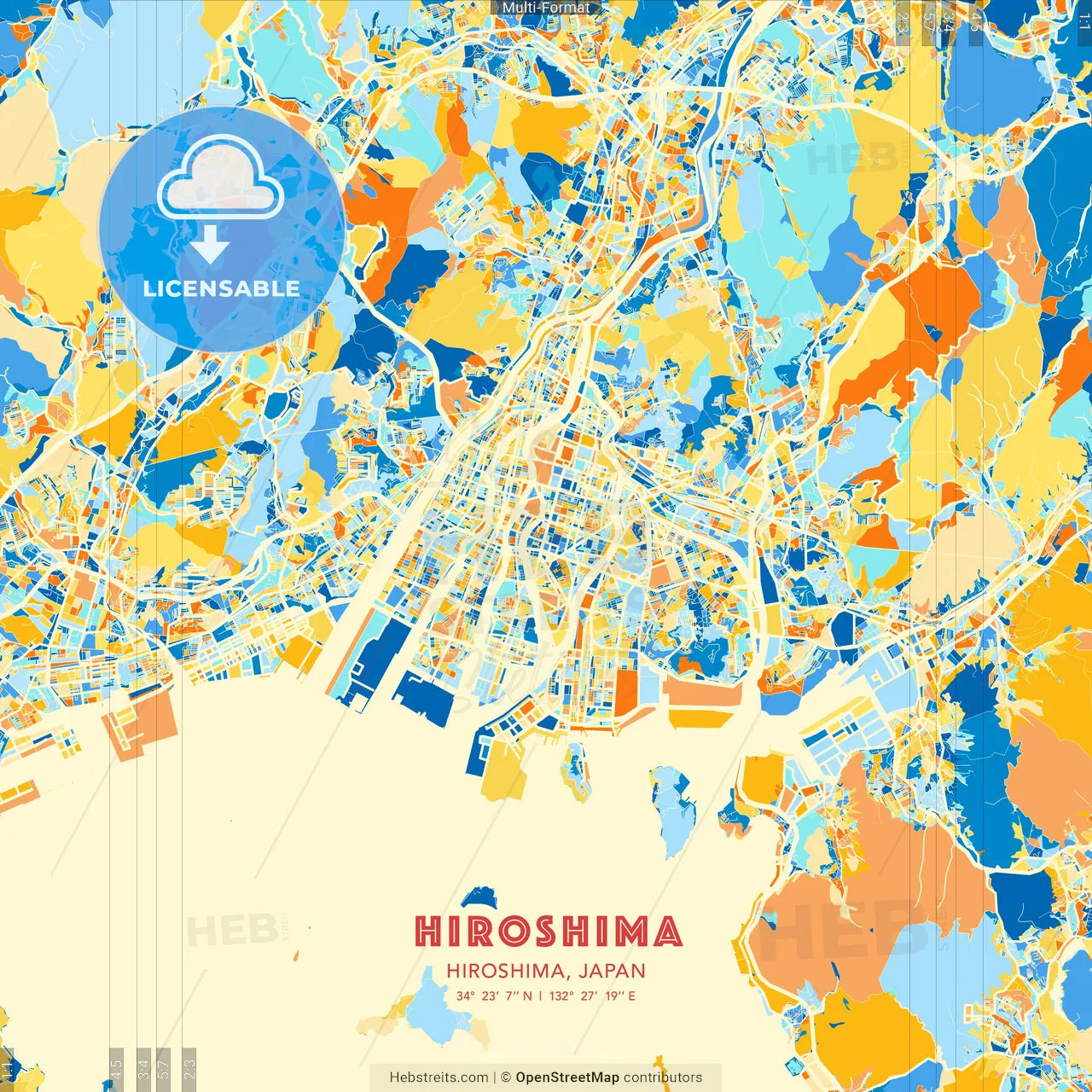 Hiroshima, Hiroshima, Japan blue and orange vector art map template