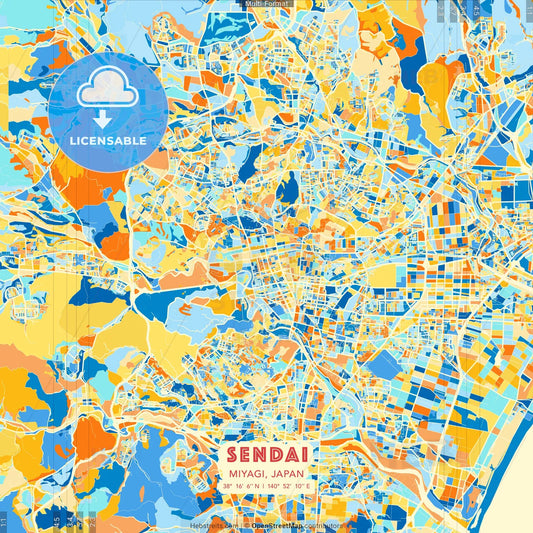 Sendai, Miyagi, Japan blue and orange vector art map template