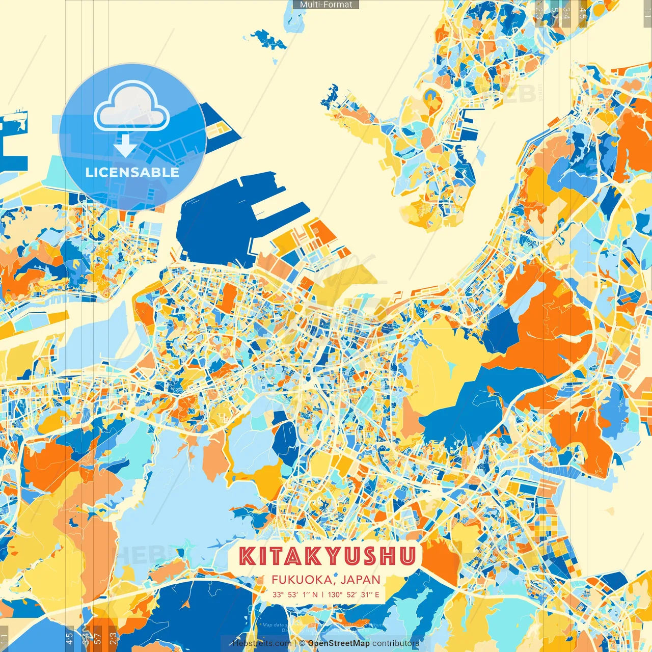 Kitakyushu, Fukuoka, Japan blue and orange vector art map template