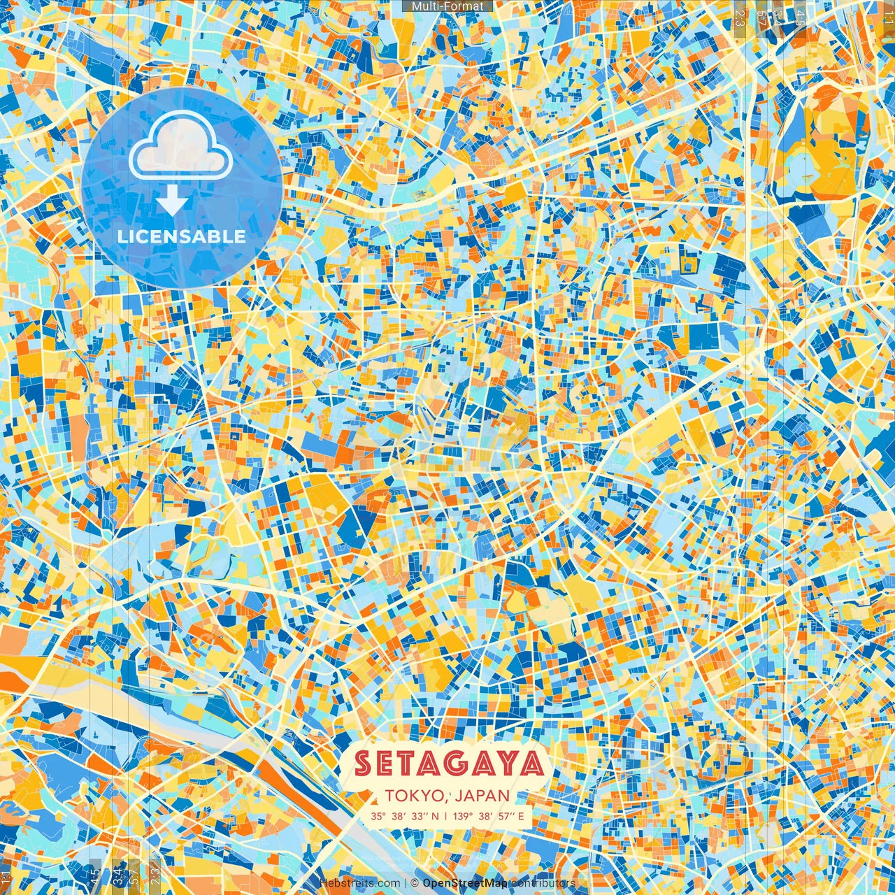 Setagaya, Tokyo, Japan blue and orange vector art map template