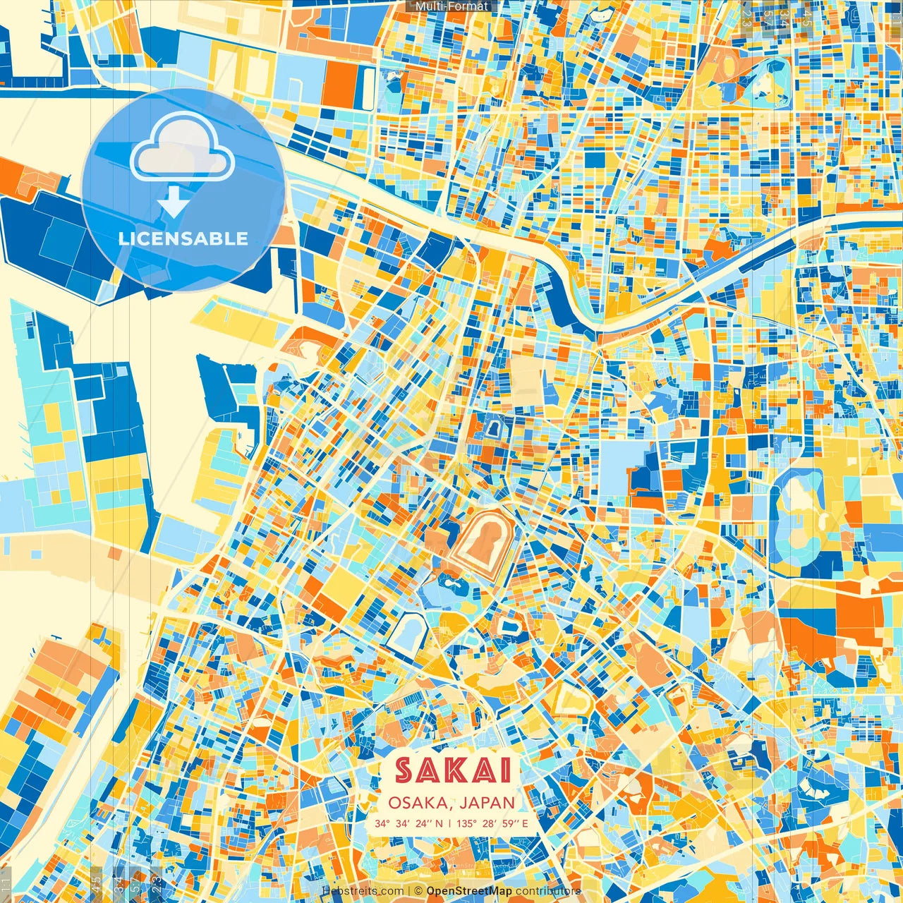 Sakai, Osaka, Japan blue and orange vector art map template