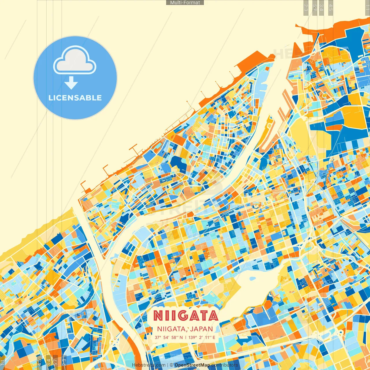 Niigata, Niigata, Japan blue and orange vector art map template