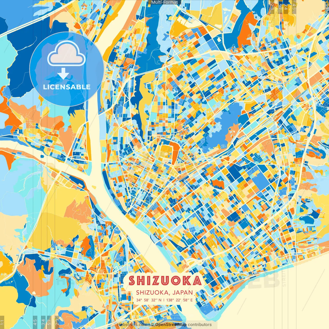 Shizuoka, Shizuoka, Japan blue and orange vector art map template