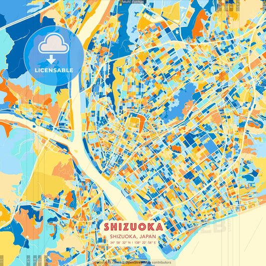 Shizuoka, Shizuoka, Japan blue and orange vector art map template