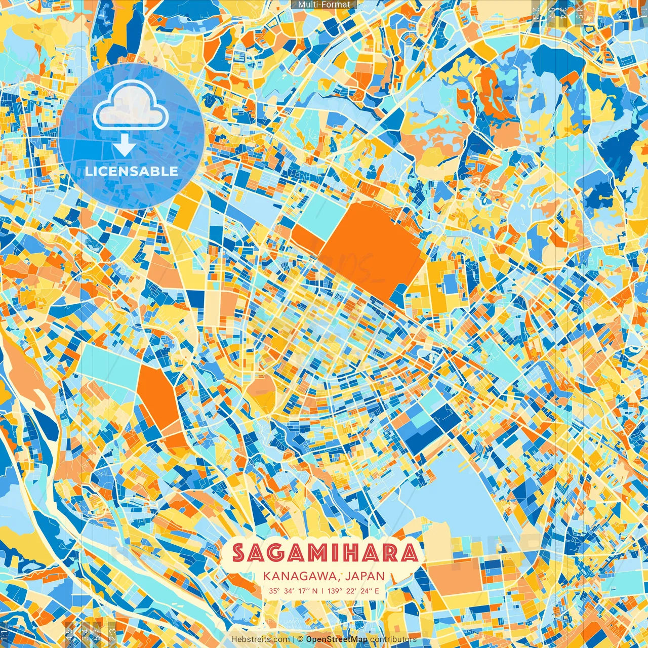 Sagamihara, Kanagawa, Japan blue and orange vector art map template