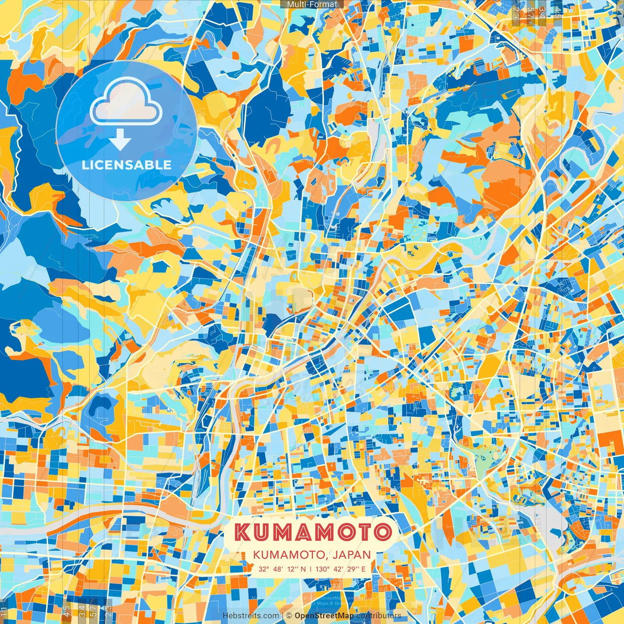 Kumamoto, Kumamoto, Japan blue and orange vector art map template