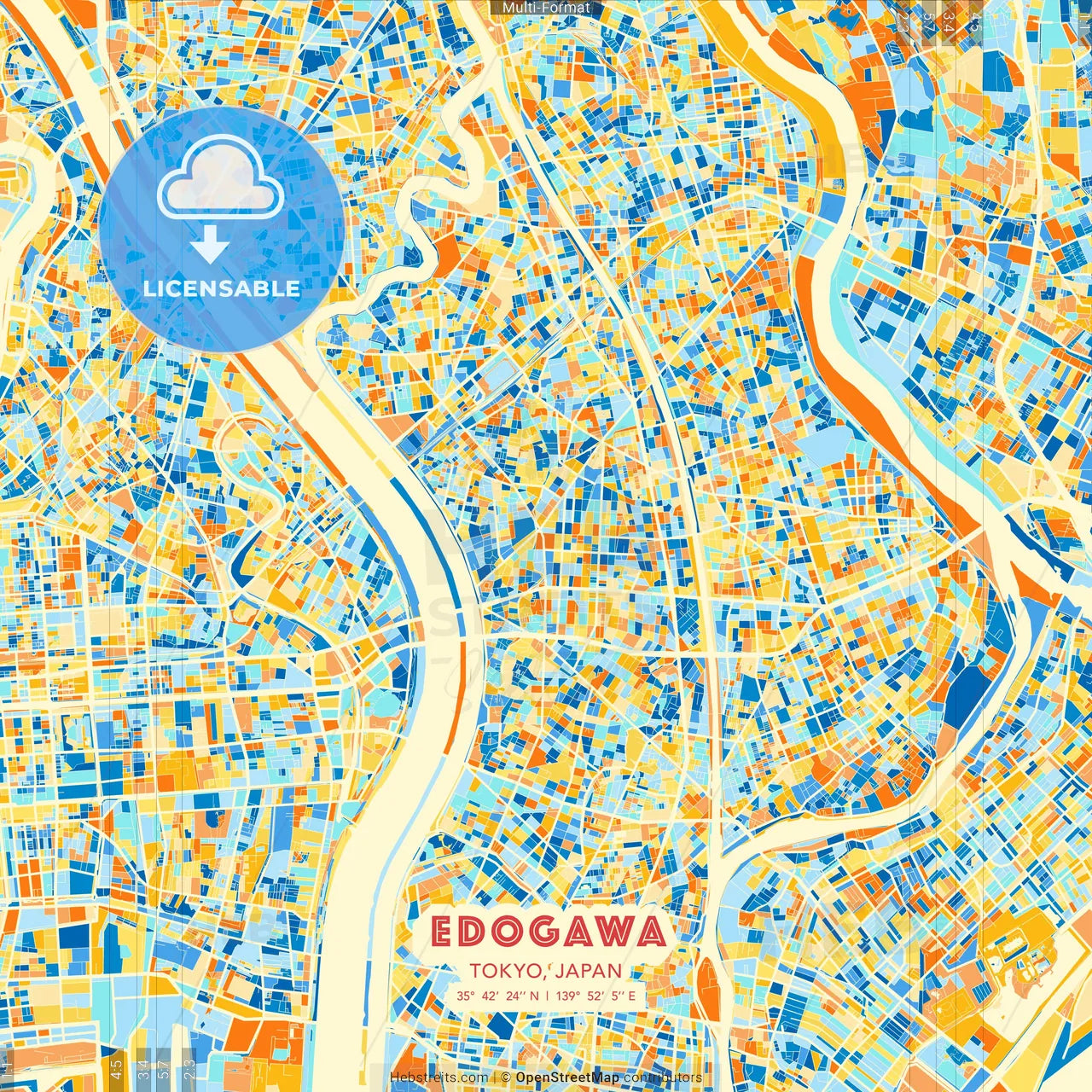 Edogawa, Tokyo, Japan blue and orange vector art map template