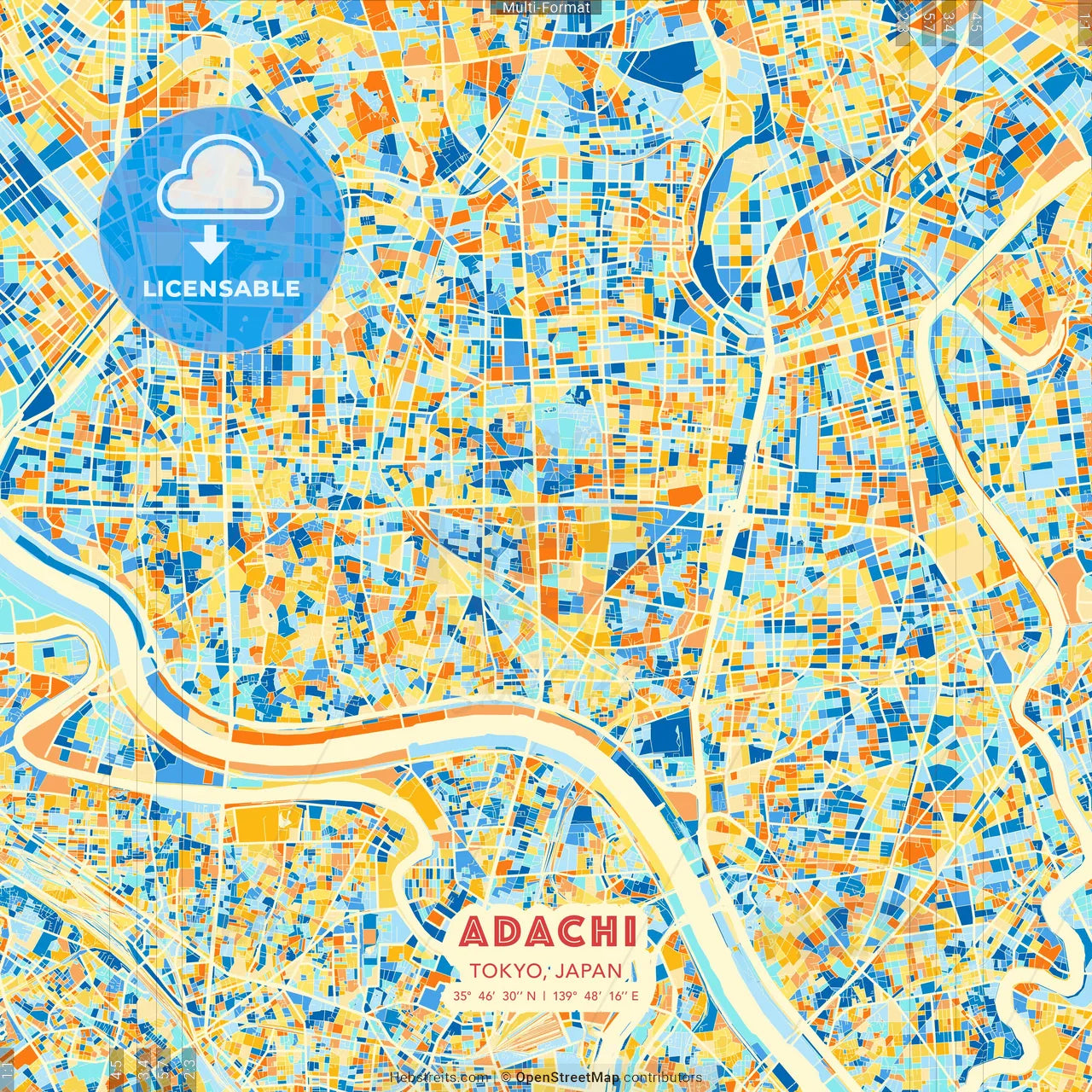 Adachi, Tokyo, Japan blue and orange vector art map template