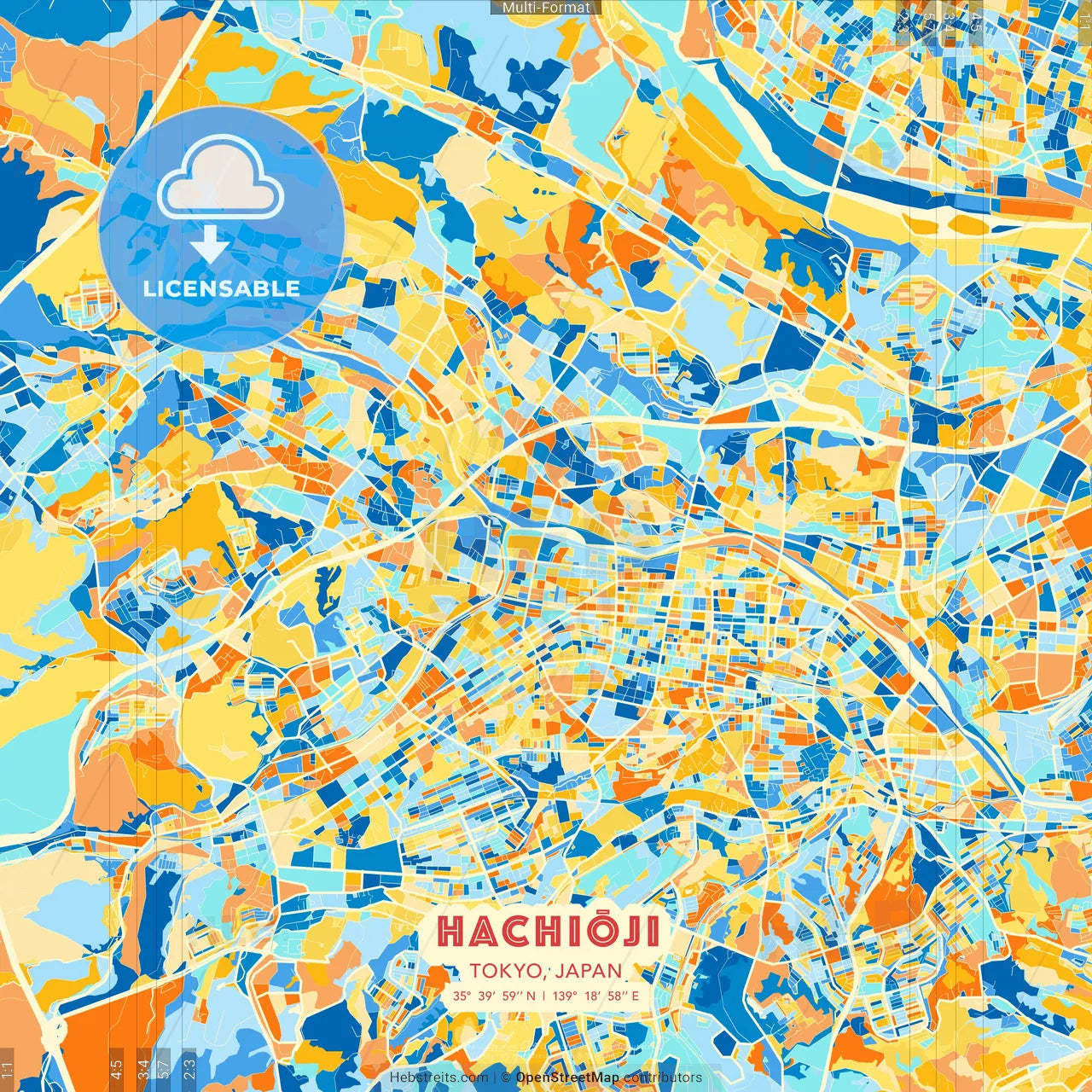 Hachiōji, Tokyo, Japan blue and orange vector art map template