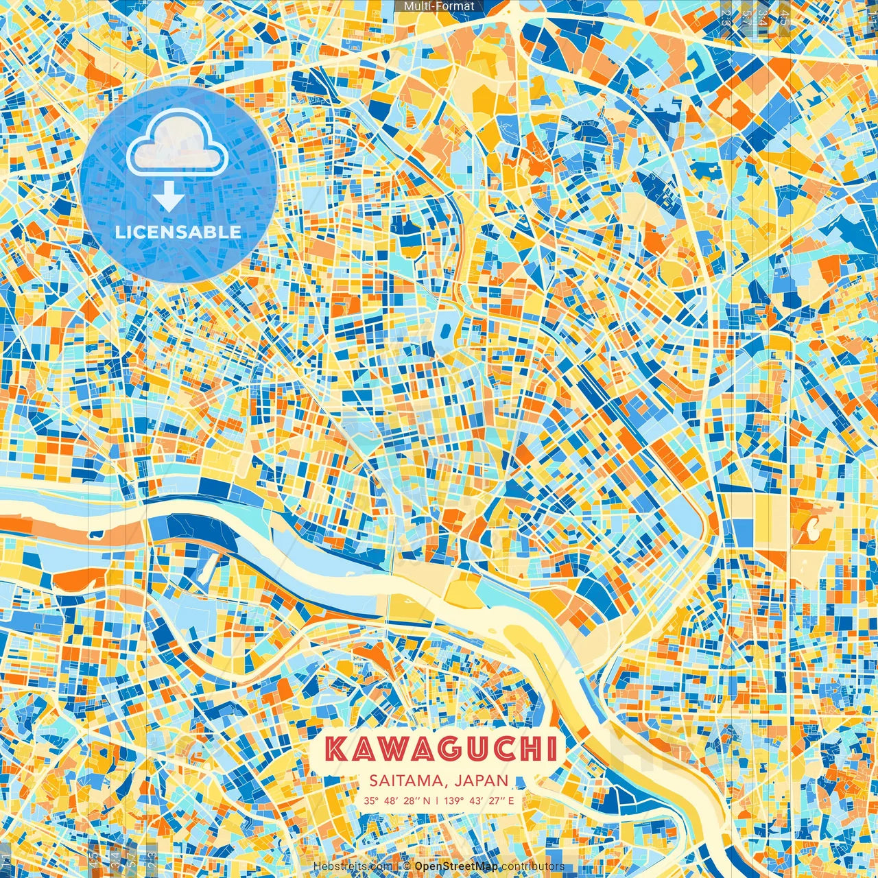 Kawaguchi, Saitama, Japan blue and orange vector art map template