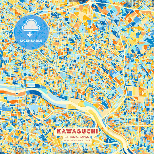 Kawaguchi, Saitama, Japan blue and orange vector art map template