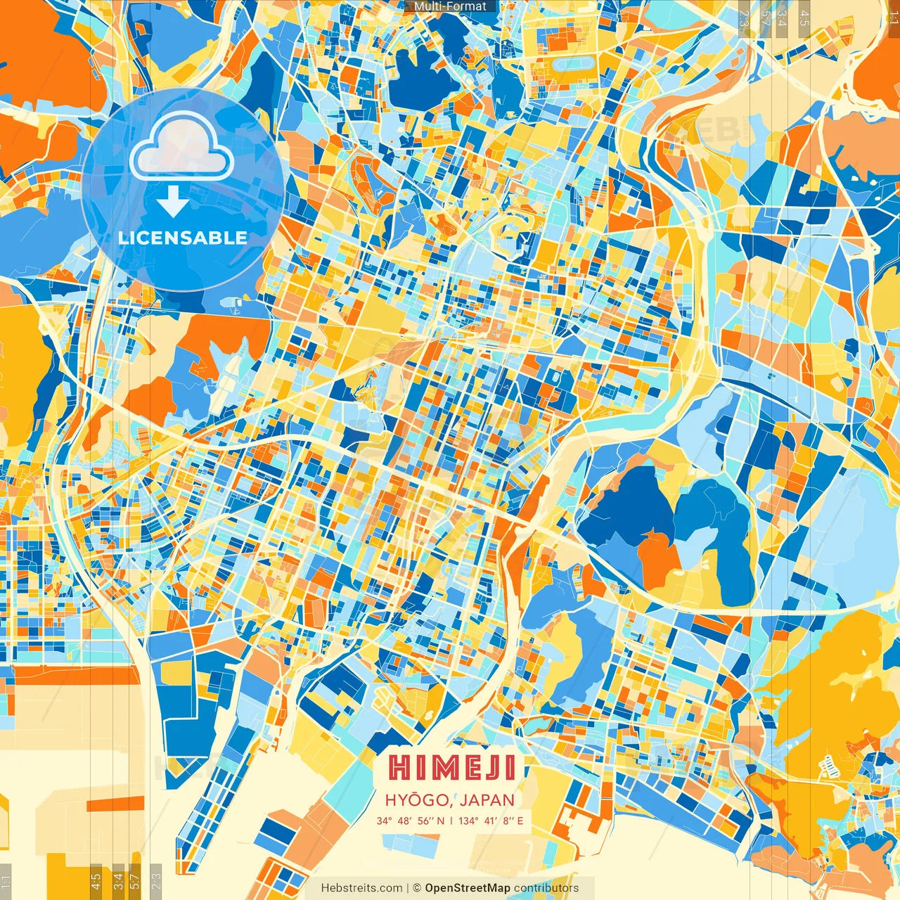 Himeji, Hyōgo, Japan blue and orange vector art map template