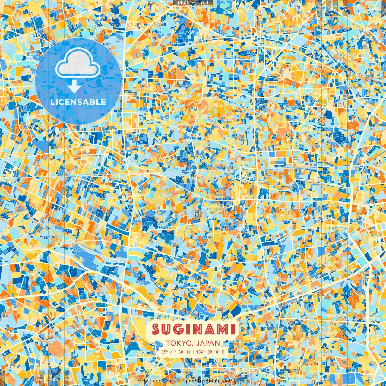 Suginami, Tokyo, Japan blue and orange vector art map template
