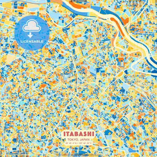 Itabashi, Tokyo, Japan blue and orange vector art map template