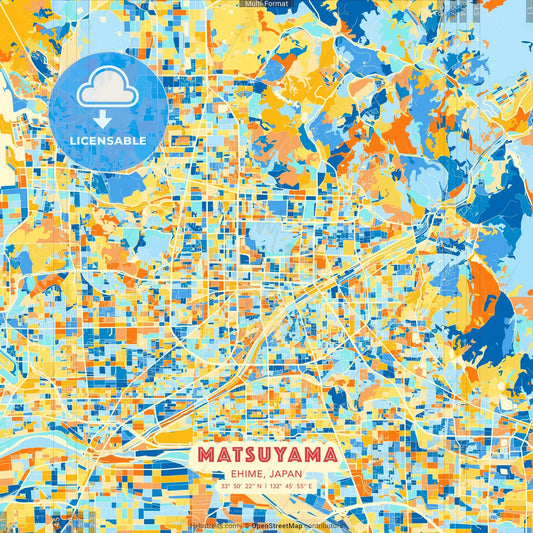 Matsuyama, Ehime, Japan blue and orange vector art map template