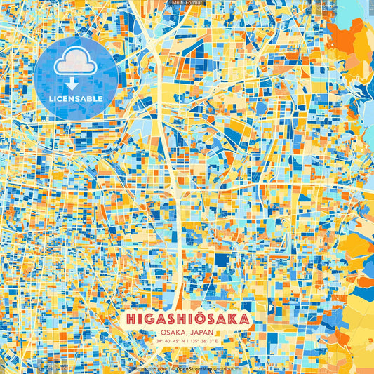 Higashiōsaka, Osaka, Japan blue and orange vector art map template