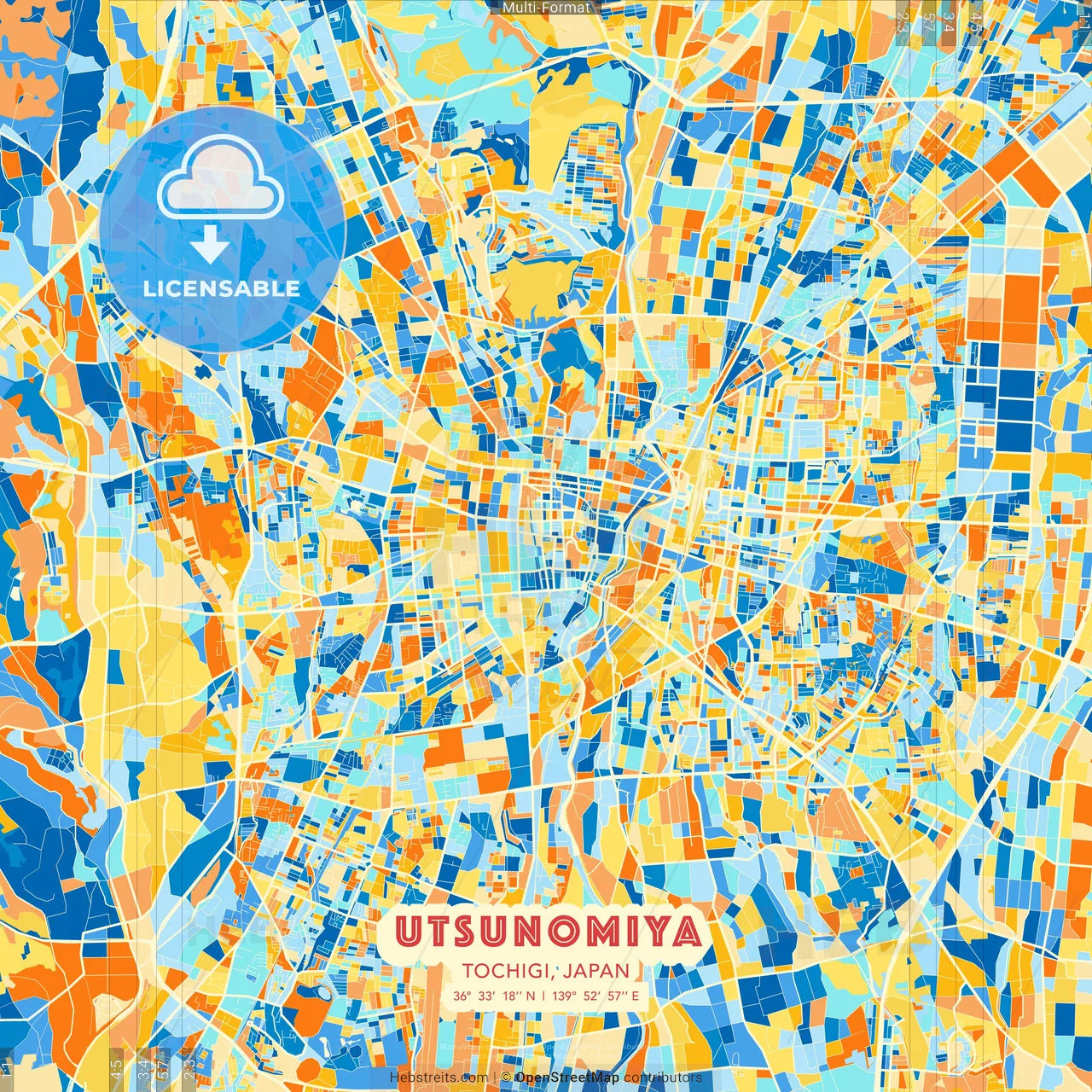 Utsunomiya, Tochigi, Japan blue and orange vector art map template